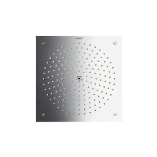 Edelstahl-Duschkopf mit kreisförmiger Form und gleichmäßig verteilten Düsen, hergestellt von Hansgrohe. Oberfläche mit hochglänzendem Finish.